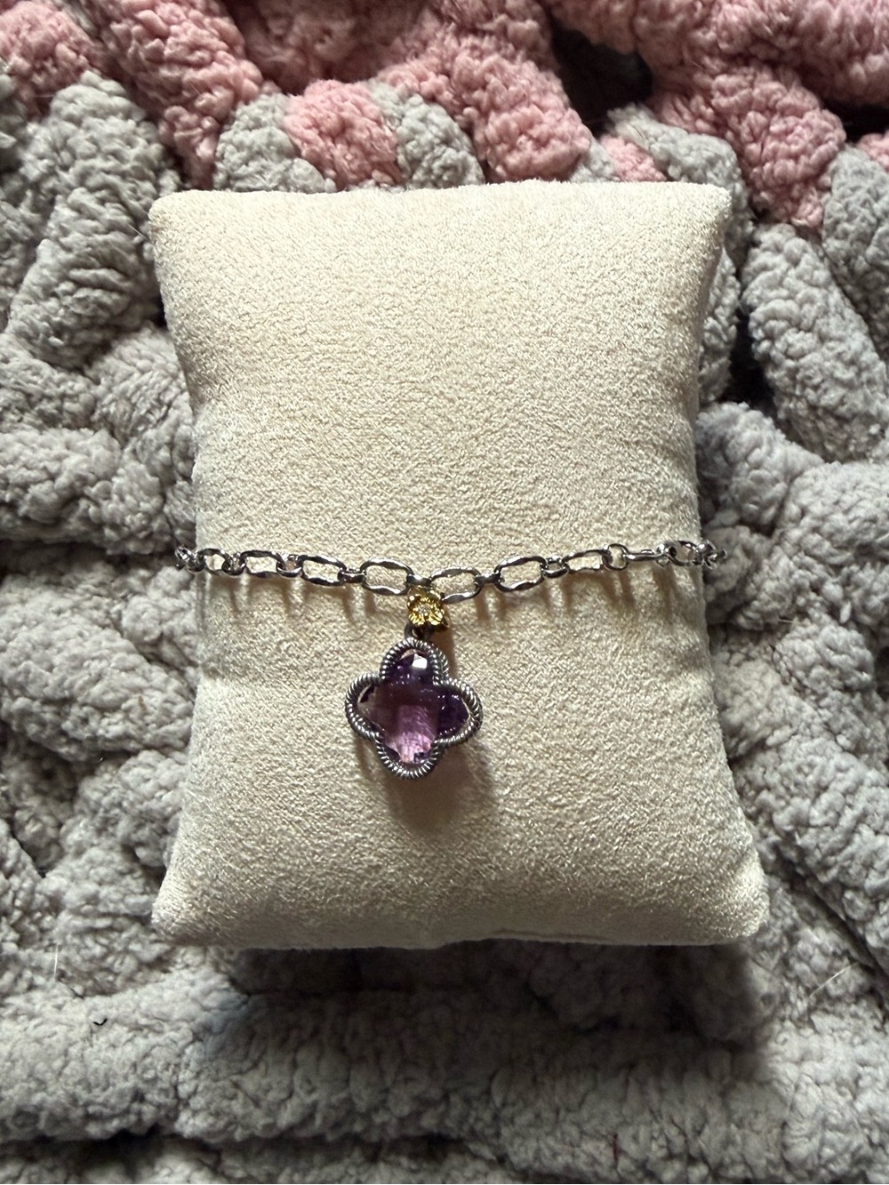 Sterling Chain Bracelet with Purple Clover Pendant
